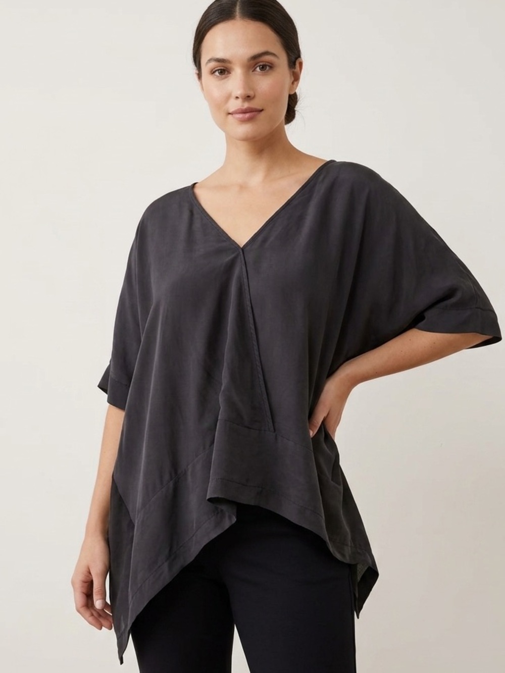 Lamarque Sz XS Dark Grey Silk Relaxed Lagenlook Minimalist Blouse